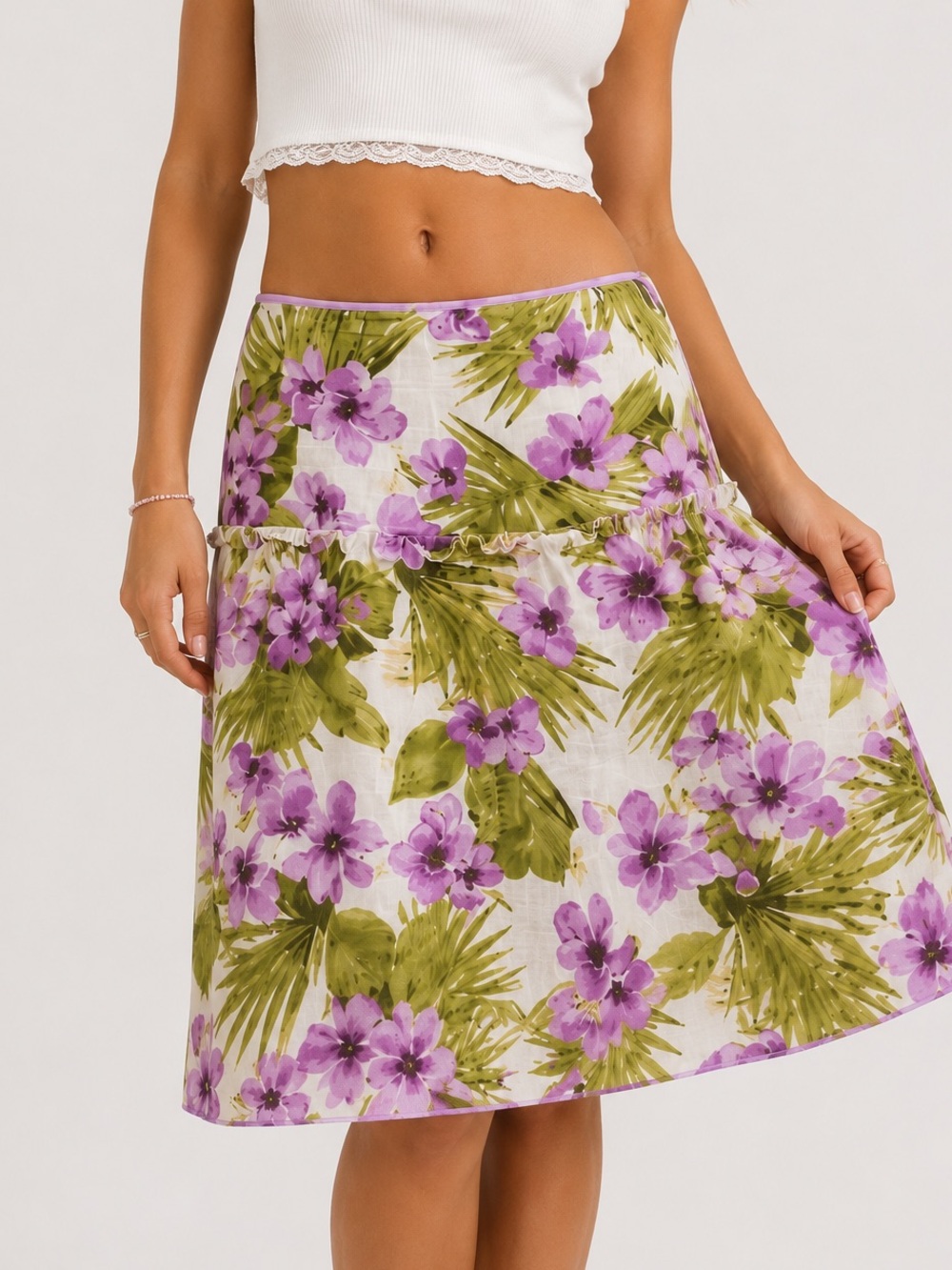 Y2k Lavender Tropical Floral Cotton Tiered Midi Skirt Size 11  Boho Cottagecore